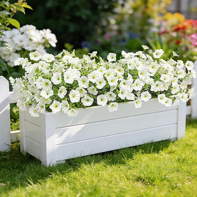 Ouddy Decor 24 Bundles Artificial Flowers for Outdoors, Fake Petunias Flowers Silk Morning Glory with Eucalyptus Faux Plants for Indoor Outside Spring Summer Yard Garden Porch Home Decor, White