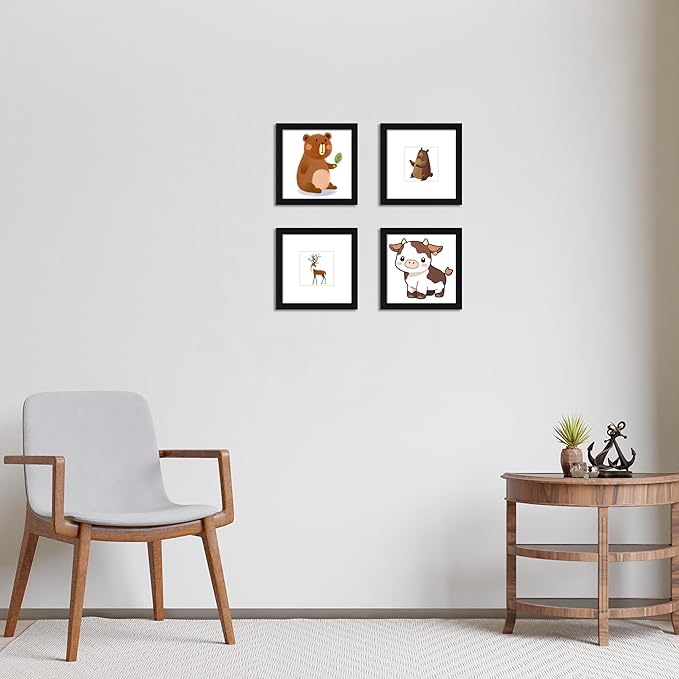 CORE ART 8x8 Picture Frame Set of 4, Display Pictures 4x4 with Mat or 8 x 8 without Mat, Multi Photo Frames Collage for Wall or Tabletop Display, Black