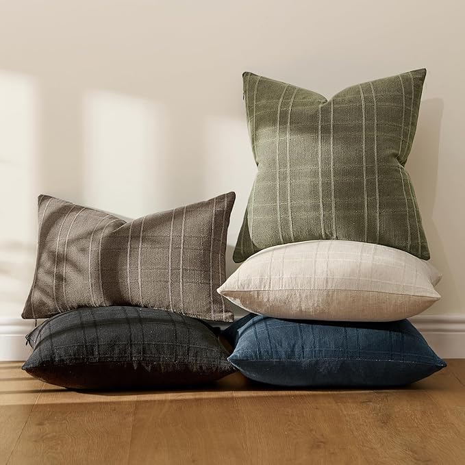 MIULEE Decorative Linen Check Throw Pillow Covers Neutral Farmhouse Vintage Spring Pillow Covers 18x18 Set of 2 Boho Modern Home Decor for Sofa Couch Bedroom Cushion Sage Green