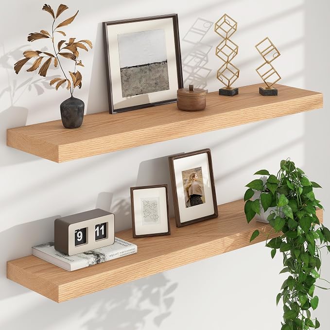 FLYJOE Floating Shelves for Wall, USA-Sourced Oak Wood 36 Inch Long Wall Shelves Set of 2, Natural Wooden Wall Mounted Picture Ledge Shelf, Nursery Book Storage Shelf Kids Bookshelf, Display Shelf