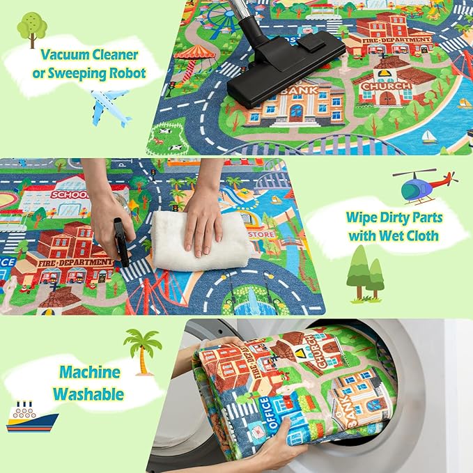 Car Rug Play Mat for Kids Toy Cars, Road Traffic Playmat for Kid Bedroom, Non-Slip Machine Washable Town City Race Track Carpet for Learn and Have Fun Round 47"