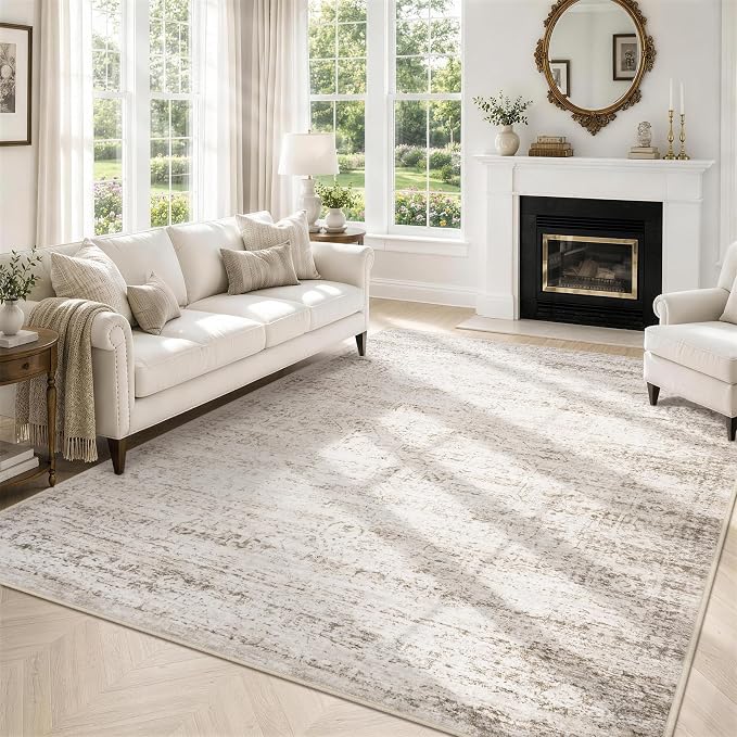 8x10 Area Rugs for Living Room Rug Washable: Modern Large Rug for Dining Room Bedroom Carpet Non Slip 8 by 10 Indoor Abstract Nursery Home Office Beige Ivory