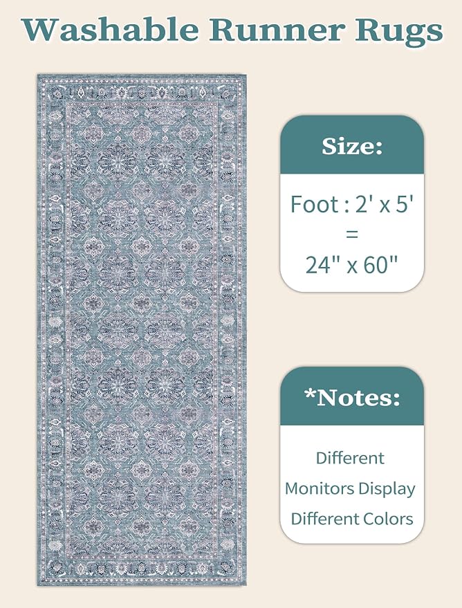 SERISSA Boho Washable Runner Rug, 2x5 Rug Non-Slip Vintage Floral Hallway Kitchen Runner Rug Ultra Soft Print Distressed Blue Grey Floor Carpet for Bedroom Bathroom Laundry Room