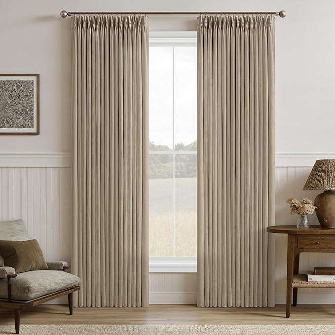 Camel Tan Pinch Pleated Curtains 84 Inches Long 2 Panels Country Farmhouse Light Filtering Privacy Back Tab Thick Linen Drapes for Living Dining Room Bedroom Memory Trained Shaped Pleat Curtain
