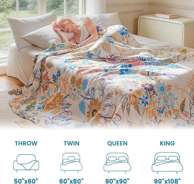 MSGKV Boho Throw Blanket for Couch Cotton Floral Blanket 50"x60" Throws for Sofa Chair Muslin Summer Breathable Lightweight Farmhouse Blankets Home Decor All Seasons