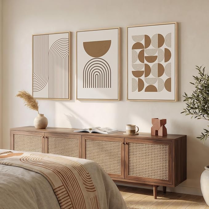 Large Framed Abstract Neutral Boho Wall Art for Living Room, 3 Piece Beige Mid Century Modern Canvas Artwork for Walls, Bauhaus Geometric Prints for Bedroom Office Dining Room Wall Decor, 24x36 Inch