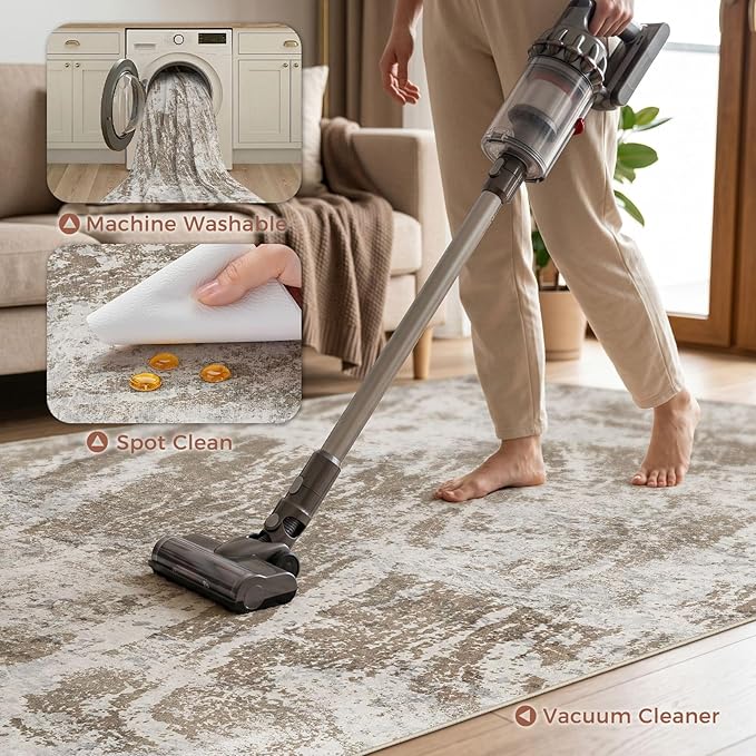 DMOYEST 6x9 Washable Area Rug: Abstract Modern Non-Slip Carpet, Soft Low Pile Indoor Neutral Easy Clean Floor Rugs for Living Room Bedroom Dining Room Kids & Pets - Brown