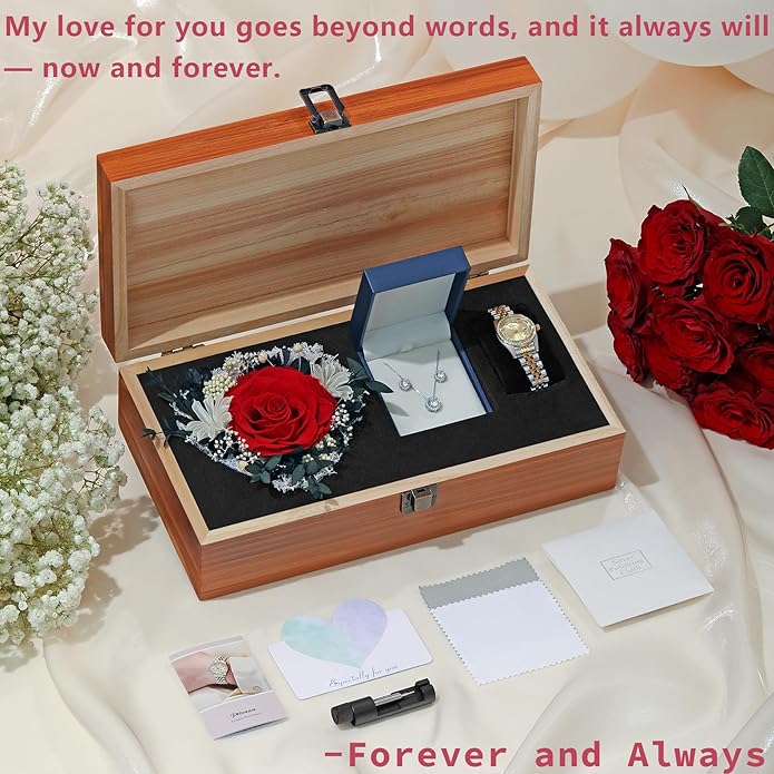 Birthday Gifts for Women-Preserved Roses Jewelry Set 925 Sterling Silver Necklace Earrings,Watches for Women,Wooden Jewelry Organizer-Mother’s Day, Anniversary,Thanksgiving,Christmas,Graduation Gifts