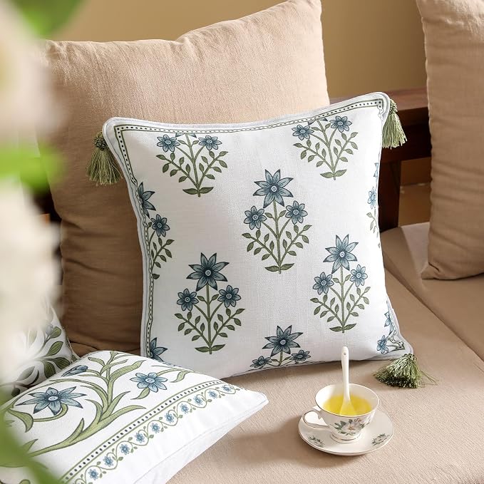 ISAENNE Designer Vintage Linen Throw Pillow Cover,18"x18"-Mosella B | French Elegant Square Decor Pillow Cover,Concealed Zipper Design,Floral Pattern,Sofa,Bedroom,Living Room,Lounge Chairs