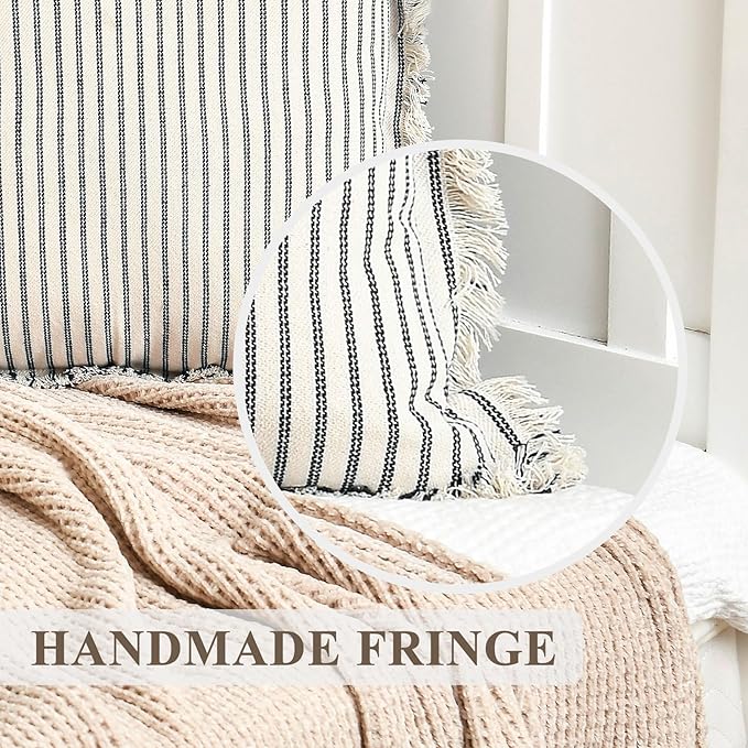 ZWJD Throw Pillow Covers 12x20 Set of 2 Striped Pillow Covers with Fringe Chic Cotton Decorative Pillows Square Cushion Covers for Sofa Couch Bed Living Room Farmhouse Decor, (Navy)