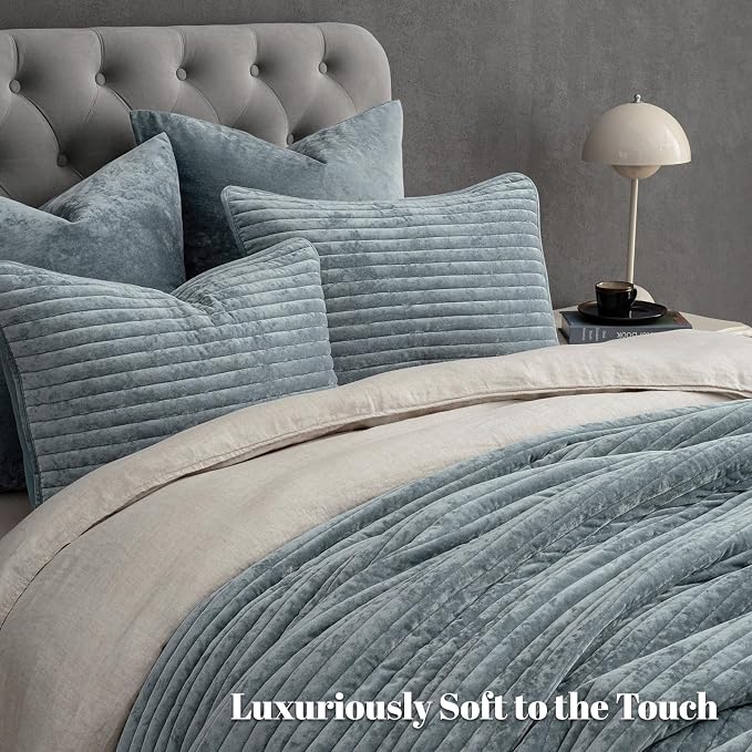 PHF Luxury Velvet Quilt Set King Size – 3PCS Ultra Soft Quilted Comforter Alternative with Striped Channel, Cozy Quilted Bedspread, 1 Coverlet with 2 Matching Shams, 108" x 92", Dusty Blue