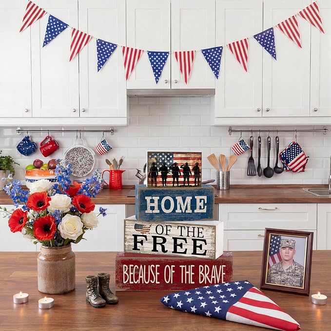 4 Pcs Patriotic Memorial Day Decorations 4th of July Tabletop Decorations Red White Blue Table Centerpieces Fourth of July Wooden Sign for Office Tiered Tray Home Shelf 250th Anniversary