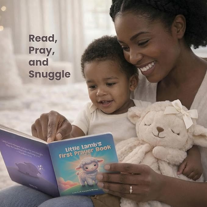 Baptism Gift for Boy or Girl Baptism Set with 10" Praying Lamb Plush Toy, Bamboo Muslin Blanket & First Prayer Book, Ready to Gift Keepsake Box