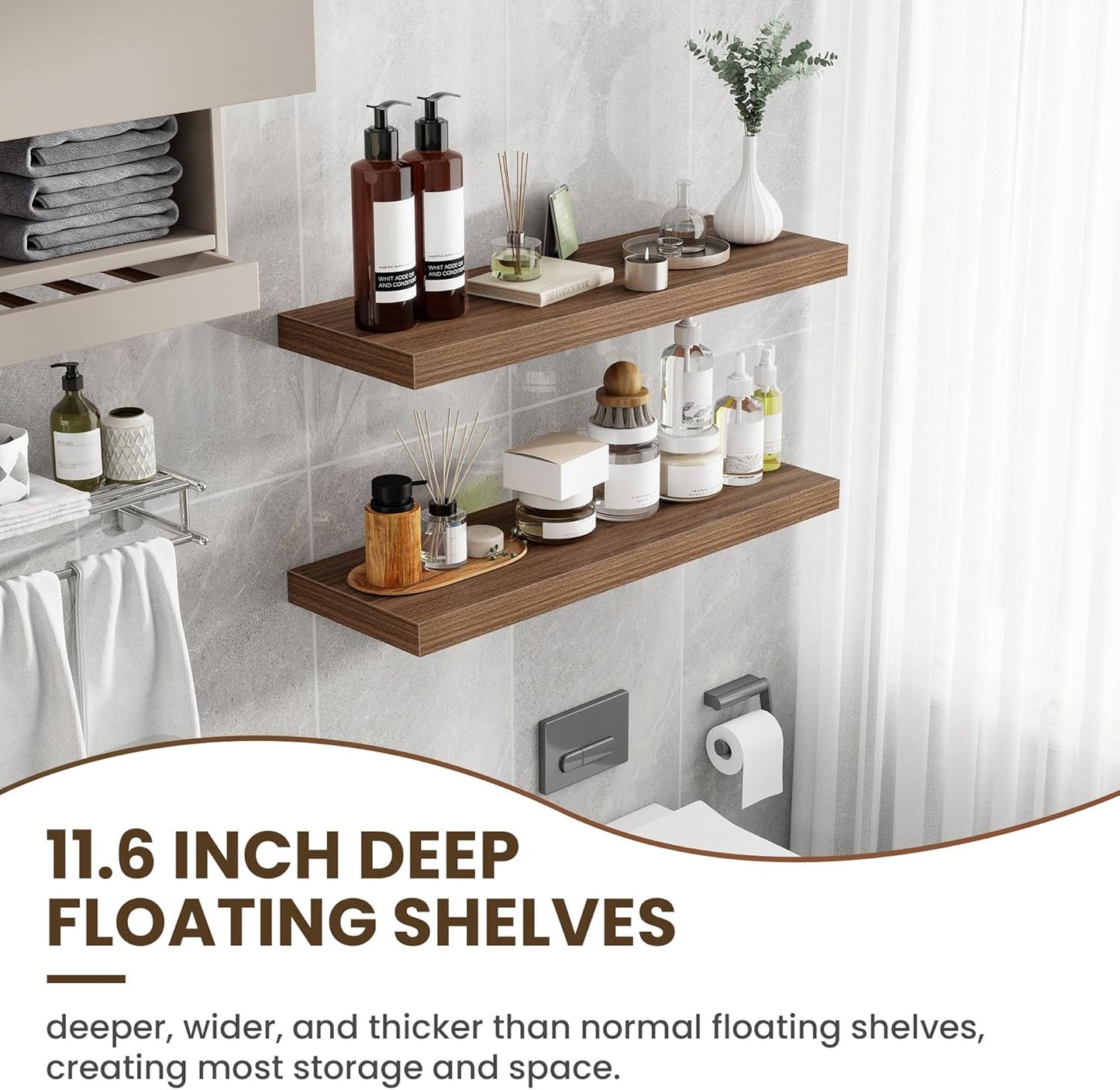 36 Inch Floating Shelves, 12 Inch Deep Floating Shelves for Wall, Floating Shelf with Invisible Brackets, Deep Shelves for Bathroom, Bedroom, Living Room, 2 Pack, Walnut