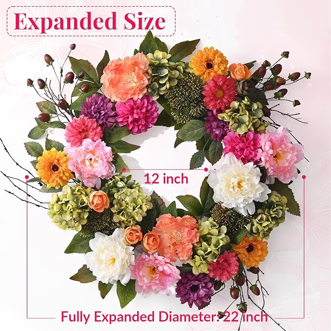 2 Pcs Spring Wreaths for Front Door, 22 Inch Spring Front Door Wreath Indoors Outdoor Decor with Hydrangea, Peony, Summer Floral Wreaths for Front Door Outside All Season for Home Porch Decor