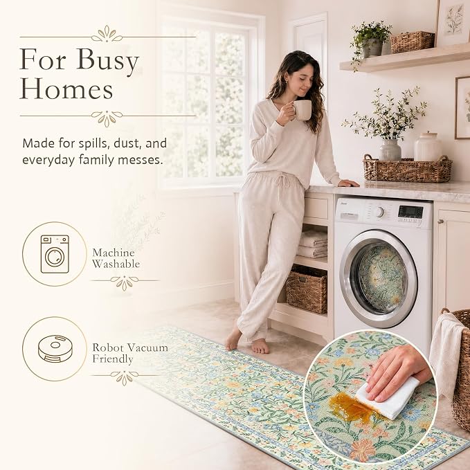 Wonnitar Boho Washable Rugs 8x10, Large Floral Rugs for Bedroom, 8 x 10 Soft Green Living Room Carpet, Non Slip Ultra-Thin Carpet for Kids Playroom Dorm Dining Room