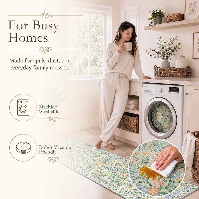 Wonnitar 10x14 Machine Washable Area Rugs, Green Floral Large Rugs for Living Room, Ultra-Thin Foldable Boho Flower Print Bedroom Carpet for Dorm Apartment Office