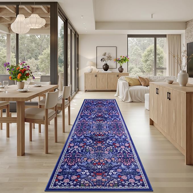 Runner Rug for Entryway: 2.6x10 Kitchen Rugs Non Slip Washable Ultra-Thin Soft Floral Carpet Indoor Floor Stain Resistant Carpets for Hallway Bedroom Kitchen Laundry Bathroom Dorm Blue