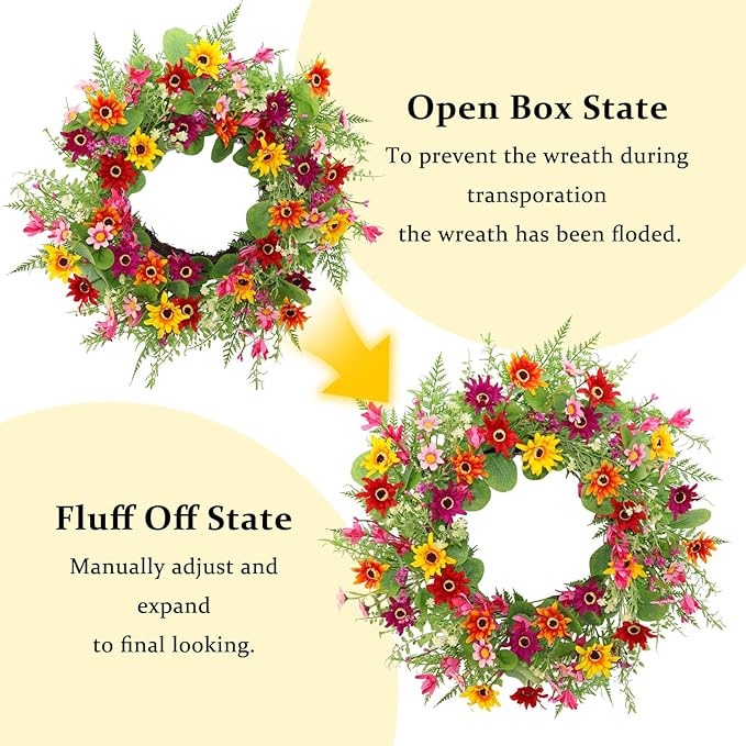 Spring Summer Wreaths for Front Door,22 Inch Artificial Spring Summer Daisy Wreath with Wildflowers,Ferns,Eucalyptus Leaves for Indoor Outdoor Wall Porch Festival Farmhouse Home Holiday Decor.