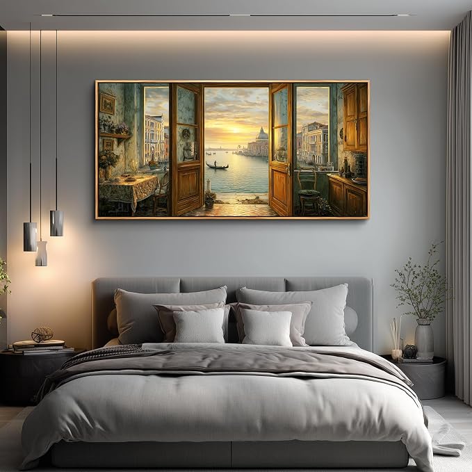 XIGUANGART Extra Large Framed Canvas Wall Art- Vintage Decor, Landscape Wall Art, Venice Grand Canal Art, Modern Farmhouse Decor, Cottagecore Living room Bedroom Bathroom Office Home Decorations