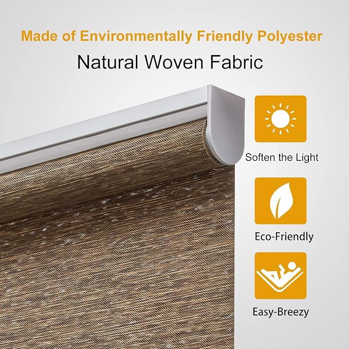 Persilux Custom Size Natural Woven Cordless Roller Shades, Free-Stop Window Shades for Home, Roller Window Shades, Light Filtering Window Blinds for Windows, Kitchen and Door (Brown)