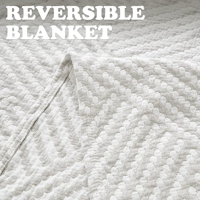 jinchan Boho 100% Cotton Blanket Muslin Twin Size 60x80 Inches Lightweight 3-Layer Geometric Square Pattern Reversible Quilt Throw Soft Breathable Comfy All Seasons for Couch Bed Decor, Light Grey