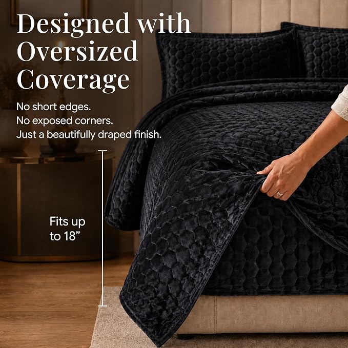 Tribeca Living Lugano Oversized Velvet Quilt Set - All Season, Extra Large, 2 Piece Twin Size Comforter Set with 1 Pillow Sham in Steel Grey Honeycomb Pattern 260GSM