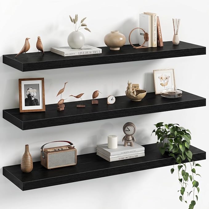Fun Memories 36Inch Floating Shelves for Wall, 8 Inch Deep Shelves for Bathroom|Bedroom|Kitchen, Large Wall Mounted Wood Hanging Shelf with Invisible Brackets for Home Storage Decor, Black - 3 Pack