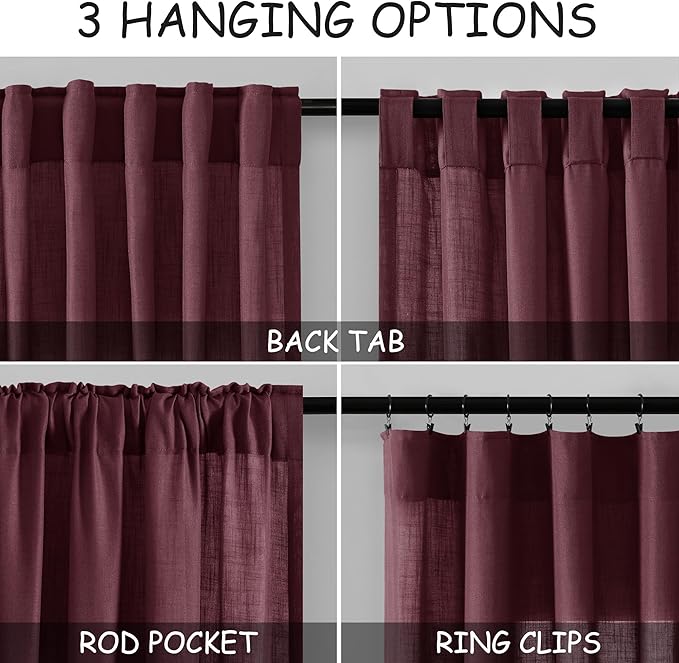 Nanspring Burgundy Linen Curtains 72 Inch Length for Living Room Semi Sheer Light Filtering Door Drapes 2 Panels Set for Kids Bedroom Light Filtering Back Tab Rod Pocket Modern Farmhouse Decor 52x72