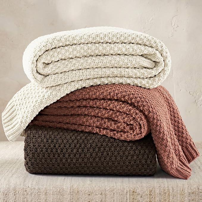 EVERGRACEHOME Chunky Polyester Knit Throw Blanket for Couch, Soft Luxurious Oversized King Moss Stitch Blanket for Bed, Large Cozy Farmhouse Knitted Throw for Sofa, Cocoa Brown, 108" x 92"