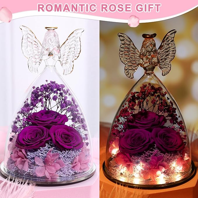 Mothers Day Rose Gifts for Women Preserved Real Flower in Glass Angel Figurines Roses for Delivery Prime Birthday Gifts for Mom Grandma Girlfriend Wife Her, Full Purple