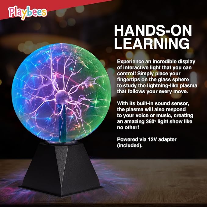 Playbees Colorful Plasma Ball 7-Inch – Tesla Coil Globe with Multicolor Lightning Effects, Plug-in Static Electricity Prop for Parties, Decorations, and STEM Learning