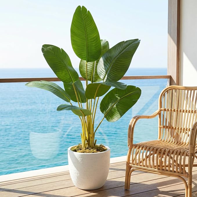 Pack 2 Artificial Bird of Paradise Plant 4FT Fake Palm Tree Feaux Plants in White Pot Artificial Tree Fake Plant for Indoor Outdoor Modern Decoration for Home Living Room Office