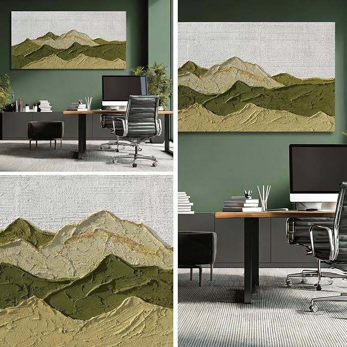 Dolidoteart Green Beige White Mountain Wall Art, Hand Painted Oil Painting on Canvas, Large Landscape Wall Decor for Living Room Bedroom Office, Horizontal 24x48 Inch