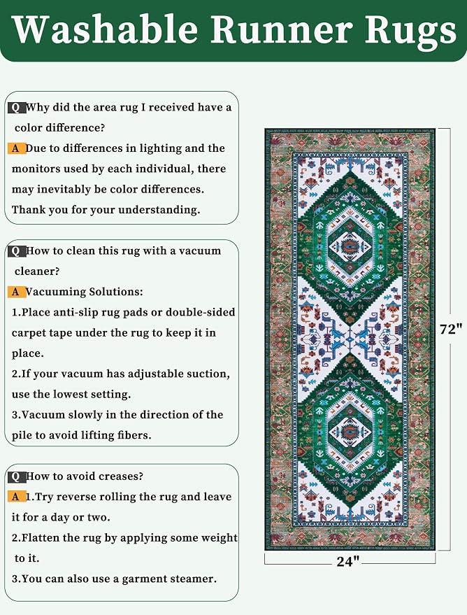 SERISSA Boho Washable Runner Rug, 2x6 Rug Runner Non-Slip Vintage Green White Hallway Kitchen Runner Rug Ultra Soft Print Distressed Floor Carpet Runner for Bedroom Bathroom Laundry Living Room