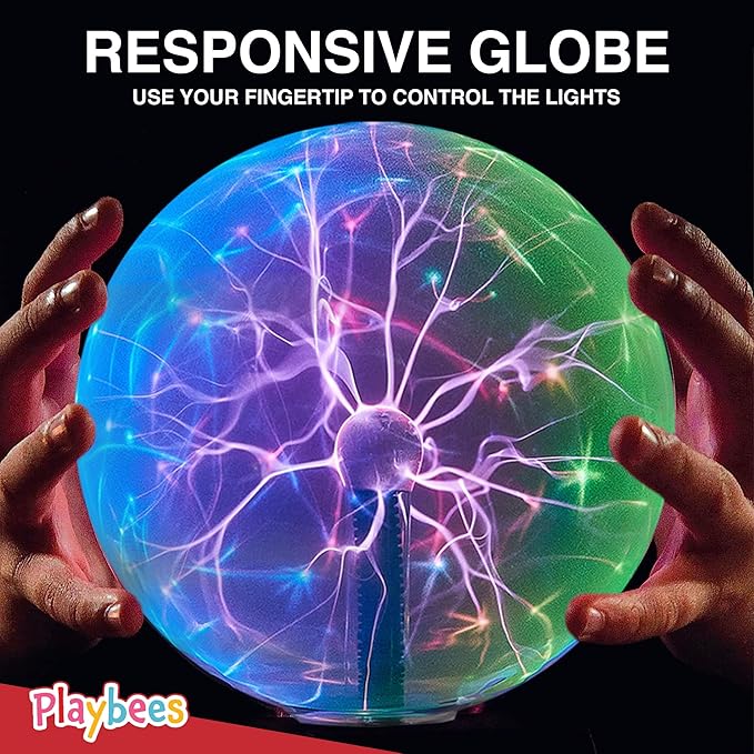Playbees Colorful Plasma Ball 7-Inch – Tesla Coil Globe with Multicolor Lightning Effects, Plug-in Static Electricity Prop for Parties, Decorations, and STEM Learning