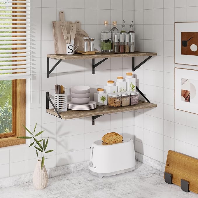 Acovy Floating Shelf for Wall,32" WX10 D Wood Floating Shelves with Sturdy Metal Bracket Set of 2,Wall Mounted Hanging Shelf for Bathroom,Bedroom,Kitchen,Grey