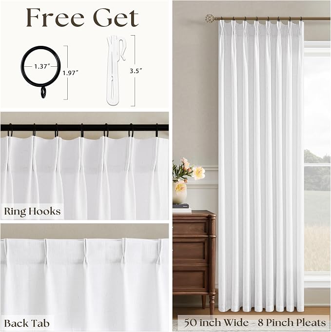 Thick Linen Semi Sheer Curtains 96 Inches Long for Living Room Bedroom Light Filtering White Textured Pinch Pleated Curtains 96Inch Length Hooks Rings Back Tab for Sliding Door 50x96 1 Panel 8 FT
