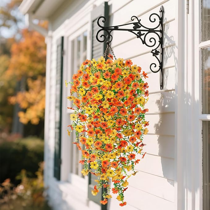 Ammyoo Artificial Hanging Flowers for Outdoors Fake Plants Decoration, 2 Packs Faux Silk Daisy Flower Realistic Outdoor Flowers UV Resistant Porch Patio Window Yard Indoor Spring Decor(Yellow Orange)