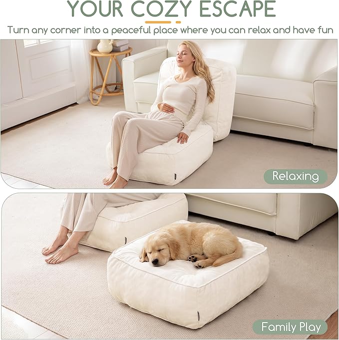 HIGOGOGO 8" Extra Thick Floor Pillow Cushion for Adults, Meditation Cushion Pillow with Handle, Lustrous Chenille Tufted, Square Floor Sitting for Tatami Living Room or Yoga, 22x22 Inch, Beige