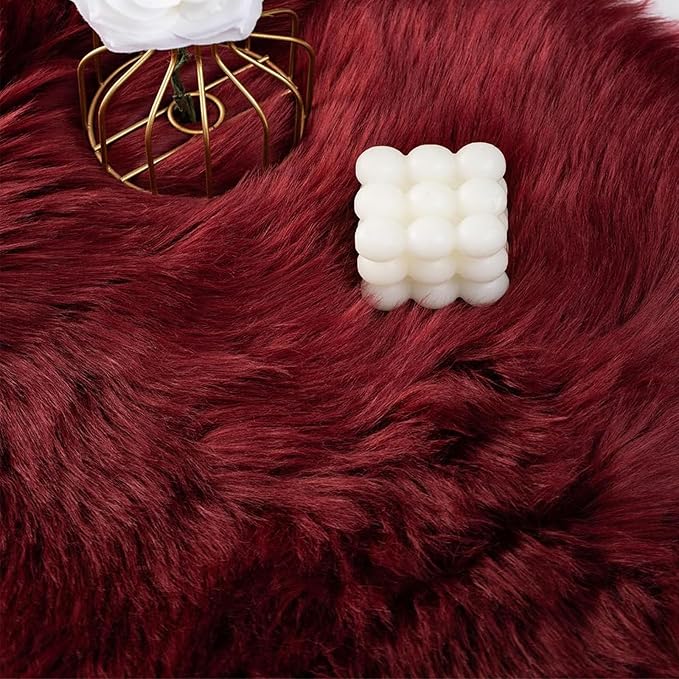 Faux Fur Sheepskin Runner Rug Burgundy 2x6 ft Ultra Soft Shaggy Plush Fluffy Fuzzy Area Carpet Decorative Chair Cover Floor Mat for Bedroom Sofa Living Room Bedside