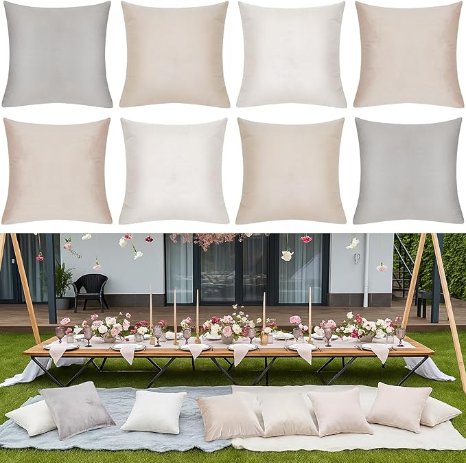 Berlune 8 Pcs Velvet Throw Pillow Covers 18" x 18" Decorative Cushion Cases Soft Pillowcase for Graduation Coquette Party Accessories Couch Sofa Bed Chair Home Decor, No Inserts (Beige Gray Colors)