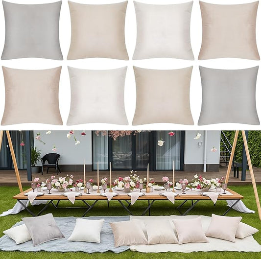Berlune 8 Pcs Velvet Throw Pillow Covers 18" x 18" Decorative Cushion Cases Soft Pillowcase for Graduation Coquette Party Accessories Couch Sofa Bed Chair Home Decor, No Inserts (Beige Gray Colors)
