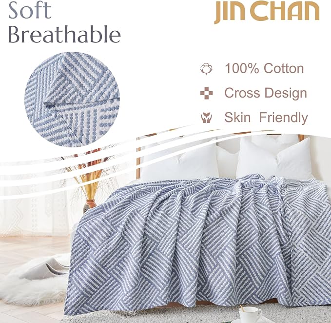 jinchan Boho 100% Cotton Blanket Muslin Twin Size 60x80 Inches Lightweight 3-Layer Geometric Square Striped Pattern Reversible Quilt Throw Soft Breathable Comfy All Seasons for Couch Bed Decor, Blue