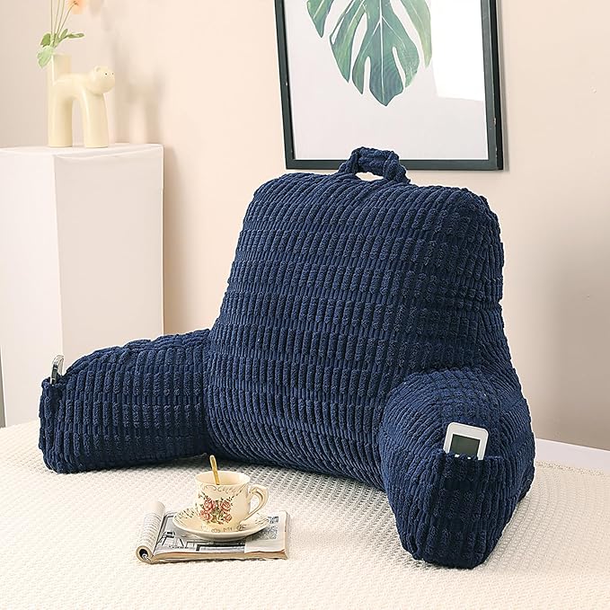 Large Reading Pillow for Sitting Up with Arms,Blue Corduroy | Back Pillow for Adults Backrest,19" Sitting Pillow Supports Reading,Gaming & Relaxing in Bed,Couch,Floor Corners