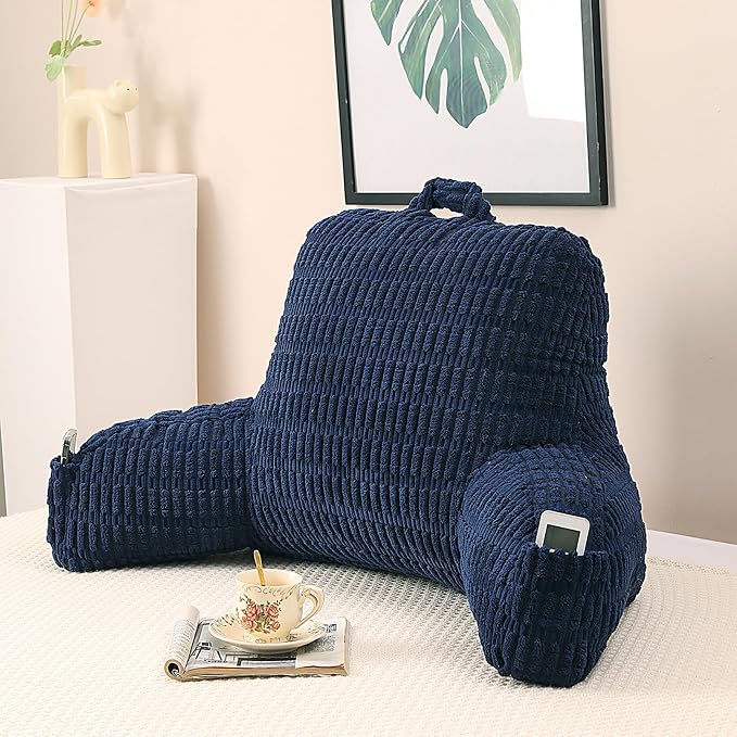 Reading Pillow for Sitting in Bed with Arm,Blue Corduroy,M | Sitting Pillow for Teens Back Support,17" Backrest Pillow Supports Reading,Gaming & Relaxing in Bed,Couch,Floor