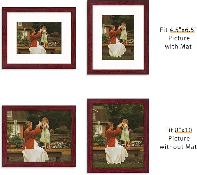 Picrit 8x10 Picture Frame Set of 12, Display 5x7 with Mat or 8x10 without Mat, Photo Frames for Wall Mounting or Table Top Display, Dark Red Wood