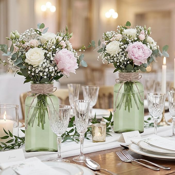 Vintage Glass Flower Vase, Farmhouse Glass Centerpiece Vases Mason Jars for Weddings, Parties & Home Decor Bulk (12, Green)