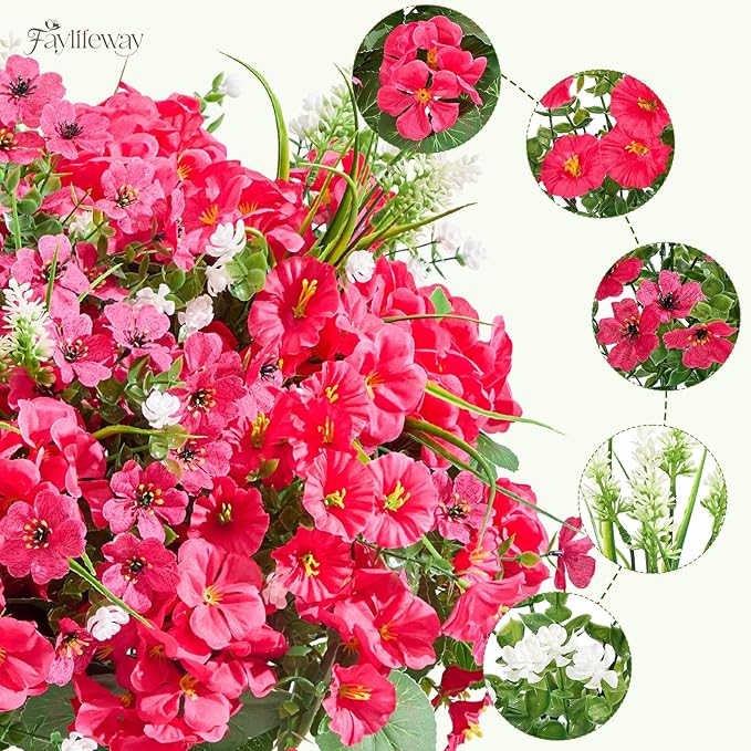 16 Bundles Artificial Flowers for Outdoors, UV Resistant Silk Faux Flowers for Outside Planters,Garden,Porch,Patio,Yard,Home Decor(Hot Pink)