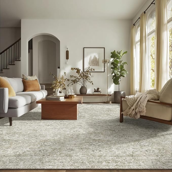 Washable Rugs for Living Room: 9x12 Area Rugs for Bedroom Ultra Soft Non-Slip Stain Resistant Vintage Boho Large Carpet for High-Traffic Dining Room - Farmhouse Decor